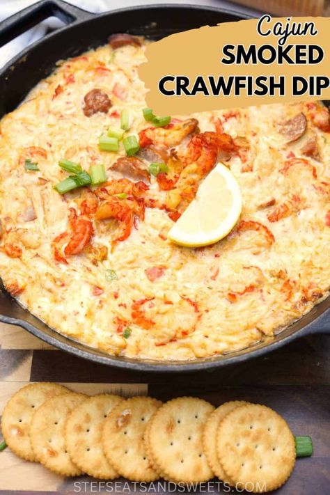 Cajun Smoked Crawfish Dip - Stef's Eats and Sweets Cajun Cooking Recipes, Cajun Appetizers, Crawfish Dip, Gameday Appetizers, Crawfish Recipes, Cajun Crawfish, Tender Meat, Pellet Grill Recipes, Traeger Recipes