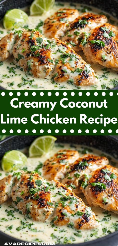 This Creamy Coconut Lime Chicken is a comforting dish that combines succulent chicken with a creamy coconut sauce and a hint of lime. It’s quick to prepare and full of flavor. Coconut Cream Chicken, Coconut Lime Sauce, Coconut Lime Recipes, Creamy Coconut Sauce, Creamy Coconut Chicken, Lime Chicken Recipes, Coconut Lime Chicken, Cilantro Chicken, Lime Recipes