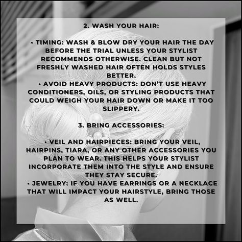 Calling all Brides to Be! Preparing for your bridal hair trial is an important step in ensuring your hairstyle complements your overall bridal look. Here’s how to get ready . . . . . . . . . #BridalHair #WeddingHair #BridalHairstylist #WeddingHairstyles #BridalHairInspiration #bridalbeauty #jupiterbridalhair #jupiterwedding #palmbeachwedding #palmbeachweddings #WeddingInspiration #WeddingIdeas #WeddingDay #HereComesTheBride #WeddingVibes #UpdoInspiration #HairGoals #HairInspo #BraidedUpdo #W... Wash And Blow Dry, Bridal Hair Inspiration, Palm Beach Wedding, Your Hairstyle, Bridal Look, Braided Updo, Bridal Beauty, Look Here, Hair Tips