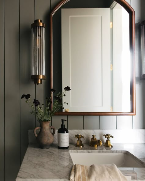 Love me some morning light ☀️ #bathroom #powderroom #powder #new #newbuild #newconstruction #home #custom #interior #design #vintage #sink #marble #kingstonbrass #farrowandball #rejuvenation #bhg #betterhomesandgardens #goodhousekeeping #mcgeeandco #hgtv Soapstone Countertops Bathroom, Light Over Bathroom Mirror, Shed Bathroom, Utah House, Vintage Sink, Globe Wall Light, Moody Vintage, Bathroom Lamp, Interiors Inspiration