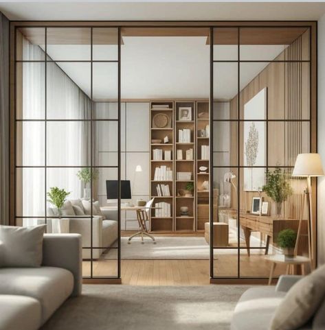 Glass Door Study Room, Glass Dividing Wall, Room Divider Doors Partition Walls, Glass Room Dividers Ideas, Wood Door With Glass Design, Small Partition Design, Living Room Divider Ideas Wall Dividers, Basement Room Divider, Glass Divider Wall Living Rooms