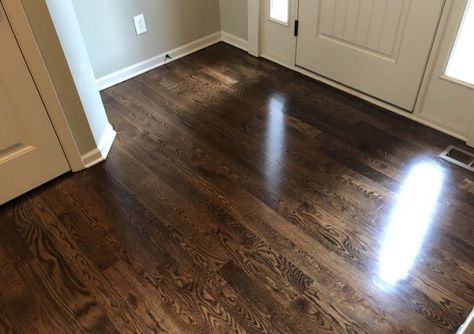 Jacobean is a very popular stain color. See how it looks on these hardwood floors! Jacobean Floor Stain, Spice Brown Floor Stain, Dark Floor Stain, Jacobean Stain On Red Oak, Jacobean Floors, Dark Hardwood Floors Living Room, Hardwood Colors, Hardwood Floor Stain Colors, Oak Floor Stains