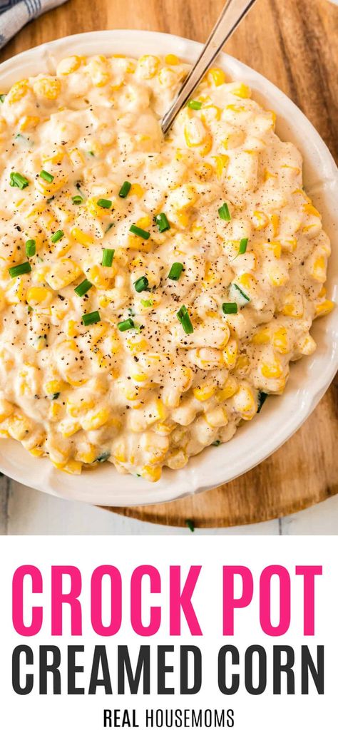 Toss together sweet corn, a blend of creamy cheeses, and the perfect spices in a crock pot to make everyone's favorite Crock Pot Creamed Corn! #Realhousemoms #crockpot #creamedcorn #bestcrockpotrecipes #sidedish #thanksgiving #christmas #easter Corn In Crockpot, Cream Corn Crockpot, Corn Crockpot, Cream Corn Recipe Crock Pot, Crockpot Corn, Corn Side, Crock Pot Corn, Slow Cooker Creamed Corn, Corn Recipes Side Dishes