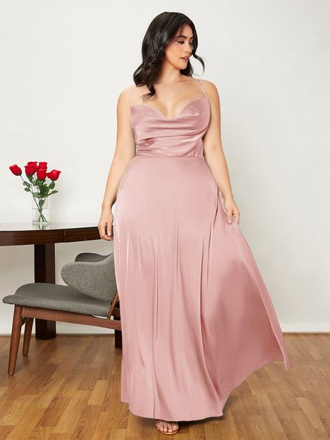 Baby Pink Party Collar Sleeveless Satin Plain Cami Embellished Medium Stretch All Plus Size Dresses Vestidos Color Verde Esmeralda, Satin Clothes, Satin Formal Dress, Rose Gold Dress, Draped Collar, Formal Bridesmaids Dresses, Emerald Green Dresses, Simple Prom Dress, Satin Cami