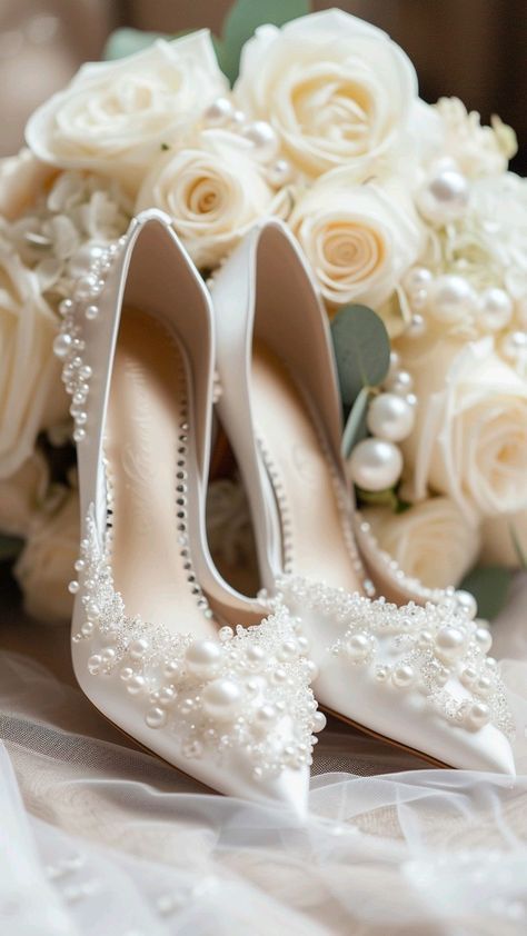 Pearls Wedding Theme, Bouquet Of White Roses, Classy Wedding Dress, Wedding Shoes Bride, Shoe Image, White Wedding Shoes, Shoes Outfit Fashion, Shoes Stand, Bridal Heels