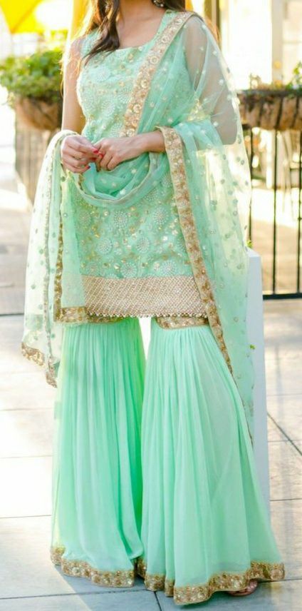 Mint Green Sharara, Green Sharara Suit, Sarara Dress, Sleeveless Kurti, Green Sharara, Arrange Marriage, Sharara Designs, Mehendi Outfits, Diwali Greetings