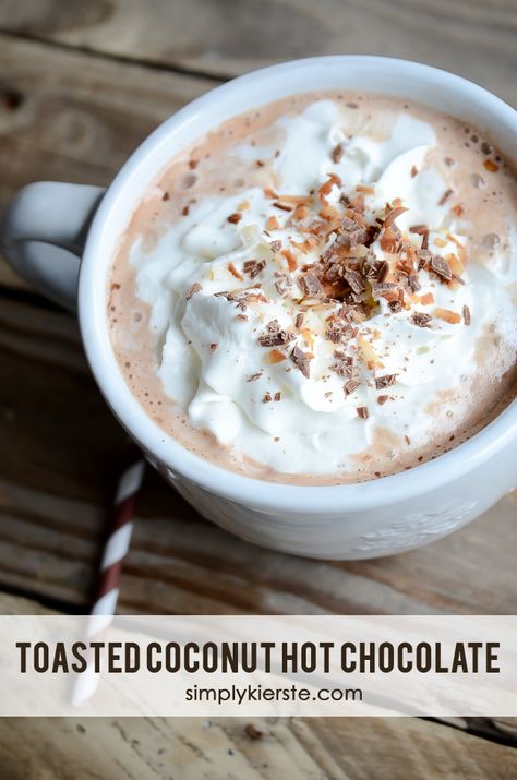 Toasted Coconut Hot Chocolate | simplykierste.com Beverage Stations, Hot Chocolate Recipe Homemade, Coconut Hot Chocolate, Crockpot Hot Chocolate, Vive Le Vent, Coconut Chocolate, Homemade Hot Chocolate, Drink Station, Hot Chocolate Bars