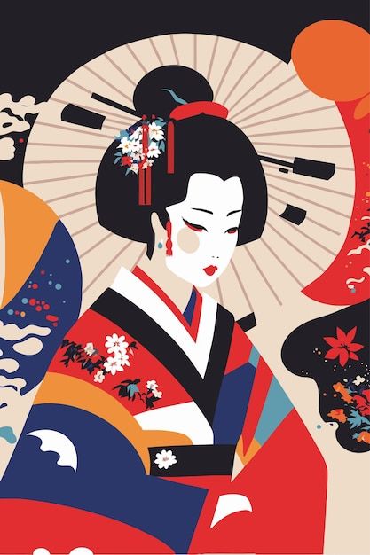 Japanese Floral Art, Japanese Art Geisha, Kimono Pattern Design, Japanese Geisha Art, Portrait Japanese, Japanese Portrait, Geisha Drawing, Asian Illustration, Geisha Artwork