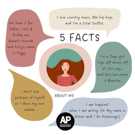 Since it's National Selfie Day 📸 and I don't love photos of myself I'm just sharing my nifty avatar selfie and some fun facts about me. Share some fun facts about you (with your selfie) and tag me in them or share in the comments so I can get to know you better. #nationalselfieday #aboutme #funfactsaboutme #surfacepatterndesigner #graphicdesigner #digitalillustration #illustrator #artlicensing #gettoknowme #smallbusinesssowner #womenowned Fun Facts About Me, Facts About Me, Fun Facts About Yourself, Dont Love, Love Photos, Get To Know Me, Getting To Know You, Surface Pattern Design, Getting To Know