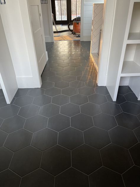 Dark Hexagon Kitchen Floor, Honeycomb Tile Floor Bathroom, Octagonal Tile Floor, Black Honey Comb Tile, Powder Room Hexagon Tile Floor, Large Hexagon Tile Floor Bathroom, Honey Comb Tile Floor, Black Hexagon Tile Entryway, Honey Comb Flooring