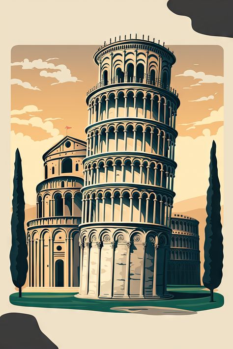 Pisa Tower Illustration, Monument Architecture, Typographic Poster Design, Pisa Tower, London Wallpaper, Building Drawing, Typographic Poster, Beautiful Moon, Travel Wall Art