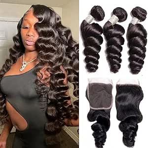 Loose Wave Bundles Human Hair Loose Deep Wave Bundles Human Hair Bundles with 4x4 Closure 10A Brazilian Loose Wave Bundles with Closure Loose Wave Sew In, Deep Wave Sew In With Closure, Deep Wave Sew In, Sew In With Closure, Loose Wave Bundles, Deep Wave Bundles, Brazilian Loose Wave, Loose Deep Wave, Brazilian Hair Bundles