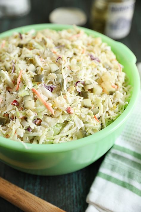 Dill Pickle Coleslaw - Southern Bite Dill Pickle Coleslaw, Pickle Coleslaw, Dill Coleslaw, Southern Foods, Southern Fried Cabbage, Fried Cabbage, Slaw Recipes, Southern Food, Pickle Juice