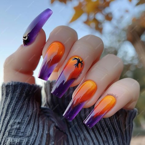 A woman with purple nails that has a black star on it | Premium AI-generated image Purple Orange And Black Nails, Halloween Nails Orange And Purple, Purple And Orange Ombre Nails, Black Orange And Purple Nails, Orange And Purple Nail Designs, Halloween Nails Purple And Orange, Purple Orange Nails, Orange And Purple Nails, Purple And Orange Nails