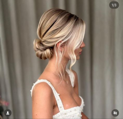 Bridal Updo Elegant, Low Boho Bun, Simple Updo For Wedding Guest, Wedding Bun With Pearls, Low Bun Wedding Hair Blonde, Blonde Wedding Hair Updo, Blonde Bride Makeup, Formal Low Bun, Side Part Low Bun