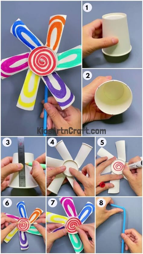 Easy Windmill Fan Toy Craft For Kids Using Paper Cup - Kids Art & Craft Paper Windmill Diy, Windmill Fan, Windmill Diy, Diy Paper Flower Wall, Paper Windmill, Flower Decoration Ideas, Fan Craft, Paper Cup Crafts, Paper Flower Wall Art