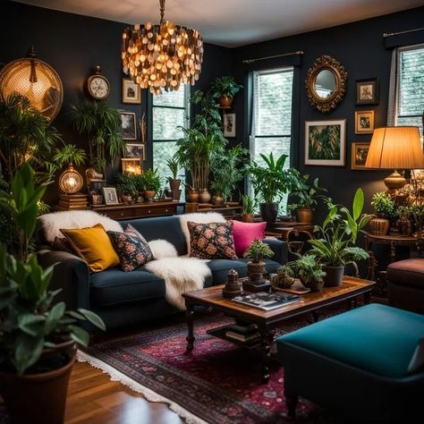 Moody Maximalist, Parlor Room, Dark Academia Decor, Bohemian House, Maximalist Decor, Room With Plants, Remodel Bedroom, Boho Living Room, Living Room Inspo