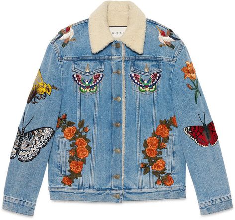 Embroidered denim jacket. Butterflies and denim from Gucci- nothing better for Spring! #ad Vintage Embroidered Denim Jacket, Stitch Jacket, Flower Jacket, Gucci Denim, Gucci Jeans, Patched Denim, Cl Fashion, Jacket Embroidery, Designer Jeans For Women