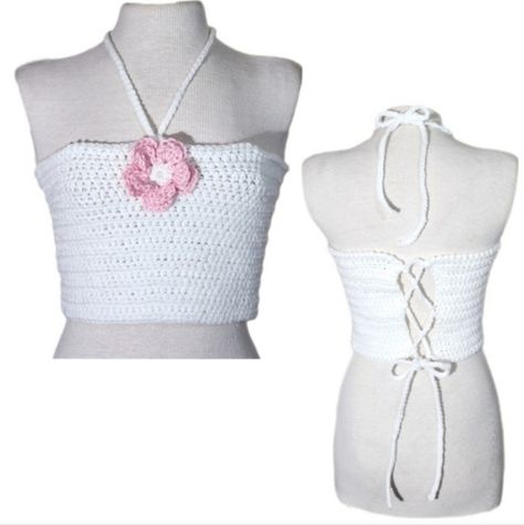 New Handcrafted Crochet Cropped Corset Back Floral Feature Top White Pink Sz Small This Adorable V-Neckline Handmade Summerwear Is Made With The Very Soft Acrylic Caron Yarn May Also Fit Medium But Please Check Your Size Compared To The Below Mentioned Measurements An Essential Warm Weather Tie Back And Neck Tie Back Shirt To Add To Your Wardrobe Features A Cute Crocheted Layered Flower Embellishment Excellent Choice For Summer Parties 4th Of July Celebration, Outdoor Or Indoor Concerts And Most Tie Back Shirt, Crochet Tube Top, 1960s Hippie, Caron Yarn, Cropped Corset, Crochet Clothing And Accessories, Back Shirt, Corset Back, 4th Of July Celebration