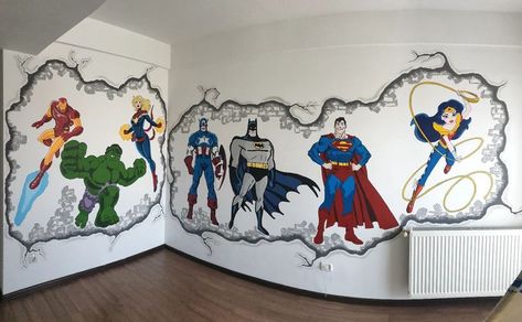 Ferdi Mateescu - SuperHero mural panting. LEO's room full... | Facebook Superhero Mural, Wall Graffiti, Mural Paintings, Superhero Room, Mural Painting, Paint Brush, Super Heroes, Childrens Room, Wall Murals