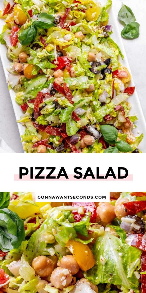 *NEW* Our pizza salad is a refreshing, yet hearty combo, of everything delicious about your favorite slice of pizza and the best Italian-style salad. #pizzasalad #salad Katie Lee Biegel Pizza Salad, Hearty Summer Salads, Pizza Salad Recipe, Salad To Go With Pizza, Savory Combo Recipes, Bbq Meals, Pizza Sides, Eat More Fruit, Spoon Salad