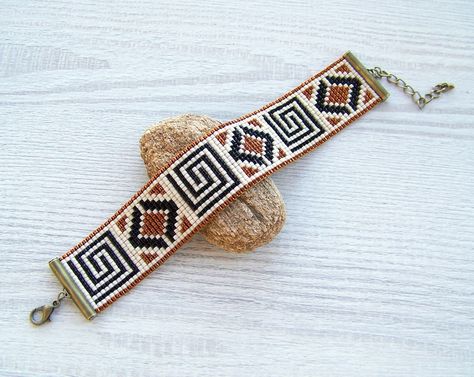 Greek Style Pattern Miyuki Delica Bracelet, Loom Beads Adjustable Bracelet, Loom Square Stitch Geometric Boho Seed Bead Flat Bracelet - Etsy Canada Delica Bracelet, Flat Bracelet, Bracelet Loom, Seed Bead Bracelet Patterns, Beaded Hat Bands, Seed Bead Jewelry Patterns, Square Stitch, Bead Hair Accessories, Loom Jewelry