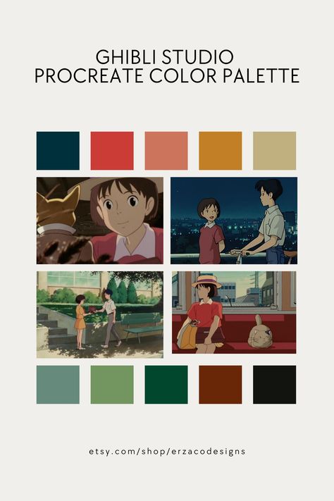 🎨✨ Inspired by the enchanting world of Studio Ghibli, this color palette offers a mesmerizing range of shades to bring your digital art to life. 🌈🎥 Elevate your illustrations, character designs, and digital paintings with these carefully curated colors. 🖌️💫 Whether you're a professional artist or a passionate hobbyist, this Procreate color palette is a must-have for adding depth and vibrancy to your artwork. 🌟🎨 Don't miss out, grab this Procreate color palette now! Studio Color Palette, Procreate Color Palettes, Movie Color Palette, Christmas Color Palette, Procreate Color Palette, Ghibli Studio, Cinema Colours, Concept Art Tutorial, Color Script