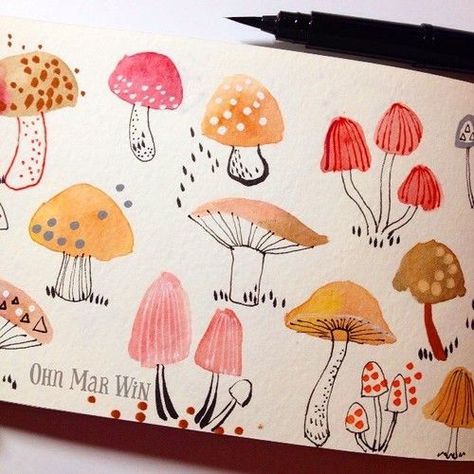 Win Illustration, Ohn Mar Win, Kunst Inspiration, Canvas For Beginners, Seni Cat Air, Doodle Lettering, Lukisan Cat Air, Arte Sketchbook, Mushroom Art