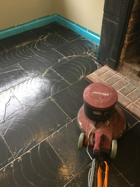 Black Slate Tiled Floor During Cleaning Bexhill Painting Slate Tile Floors, Tiled Living Room, Black Slate Floor, Black Slate Tiles, Slate Floors, Slate Floor, Slate Tile Floor, Floor Restoration, Tiled Floor