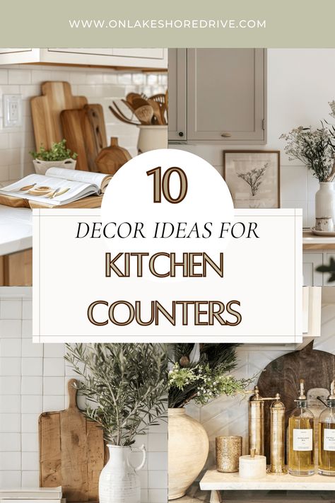 10 ways to style your kitchen counters Natural Kitchen Decor Ideas, How To Style A Countertop, Mirror On Kitchen Counter, Kitchen Counter Arrangement Ideas, Kitchen Peninsula Styling, Kitchen Countertop Aesthetic, Kitchen Corner Sink Decor, Stove Counter Decor, Picture On Kitchen Counter