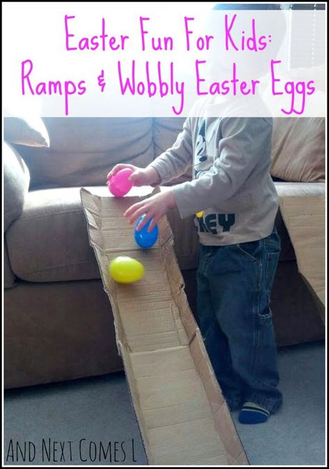 Easter activity for kids using cardboard ramps and wobbly Easter eggs from And Next Comes L Easter Crafts For Toddlers, Easter Week, Easter Activity, Easter Preschool, Easter Activities For Kids, Easter Games, Diy Ostern, Toddler Easter, Eggs Easter