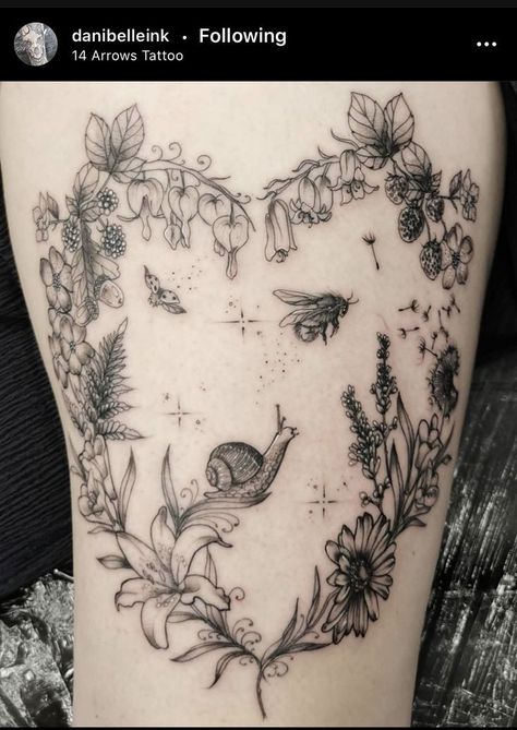 Mushroom Catapillar Tattoo, Garden Bugs Tattoo, Fairy In Garden Tattoo, Trippy Forest Tattoo, Secret Garden Tattoo Sleeve, Fairy Garden Tattoos For Women, Mushroom Fairy Circle Tattoo, Mushroom Circle Tattoo Knee, Whimsical Vine Tattoo