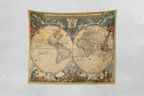 Hemisphere World Map Wall Tapestry Tapestry Wall Hangings | Etsy World Map Tapestry, Map Tapestry, Vintage Art Wall, Living Room Dorm, College Dorm Rooms, Cloth Fabric, Vintage Art Prints, Antique Design, Dorm Decor