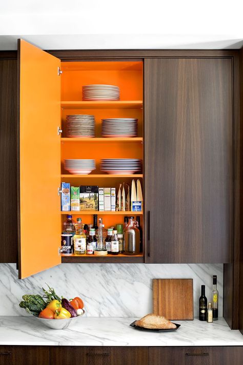 Electric Orange 2015-10, Benjamin Moore Paint Inside Cabinets, Kitchen Cabinets Orange, Manhattan Kitchen, Dark Brown Walls, Inside Cabinets, Orange Kitchen, Mid Century Modern Kitchen, Brown Walls, Mid Century Modern Decor