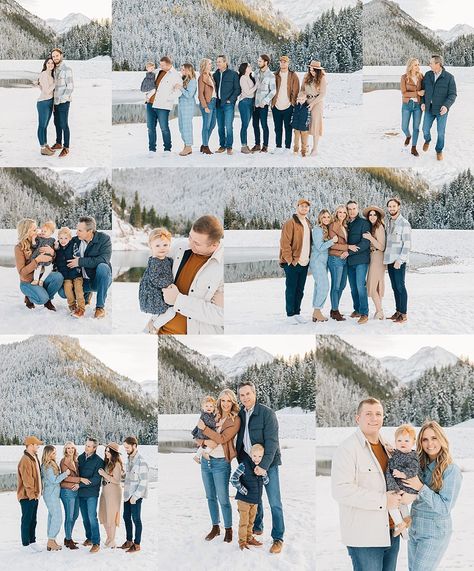 Snow Picture Outfit Ideas, Snow Photo Outfits, Family Pictures Winter Outdoor, Cold Weather Pictures Photo Ideas, Extended Family Pictures Christmas, Extended Family Photos Winter, Family Photo Outfits Winter Outdoor Snow, Winter Family Photos Outdoor Snow, Large Family Photo Shoot Ideas Winter