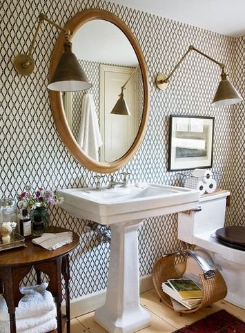 Have always wanted this bathroom with sconces and mirrors.  Different wallpaper, though. Wallpapered Bathroom, Design Interior Baie, Dekorere Bad, Basement Redo, Modern Style Decor, Clinton Hill, Eclectic Bathroom, Bad Inspiration, Decor Baie