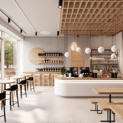 Scandinavian Style Coffee Shop, Minimalistic Cafe Interior, Scandinavian Cafe Interior, Simple Coffee Shop Design, Japandi Cafe, Bakery Aesthetic Interior, Minimal Cafe Design, Cafe Counter Design, Modern Cafe Interior Design