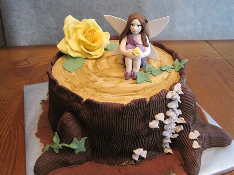 Woodland Fairy Cake, Woodland Birthday Cake, Tree Stump Cake, Fairy Birthday Cake, Tinkerbell Cake, Icing Decorations, Fairy Garden Birthday Party, Woodland Cake, Fantasy Cake