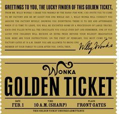 Willy Wonka's Golden Ticket by danjuwise1.deviantart.com on @deviantART Golden Ticket Template, Toddler Toy Storage, June Activities, Homemade Baby Toys, Willy Wonka Party, Montessori Toys Baby, Win For Life, Charlie And The Chocolate Factory, Book Day Costumes