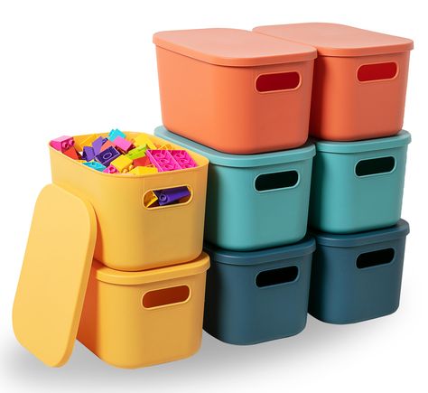 PRICES MAY VARY. 【Great Size】Single measuring: 9.8"L x 7.08"W x 6.1"H; Package includes 4 small storage bins with lids, Comes with 8 different shaped labels and 1 marker. Our customizable labels make storing and accessing belongings a total breeze. 【Durable and Sturdy】Made of durable, sturdy plastic, BPA-free, Lightweight and Durable. 4 selected colors add a stylish and cheerful touch to any surrounding décor, and you can distinguish your own stuff according to the different color bins. 【Stackab Toy Organization Living Room, Kids Craft Storage, Toy Room Storage, Storage Baskets For Shelves, Small Playroom, Organizing Storage, Diy Toy Storage, Playroom Classroom, Office Small