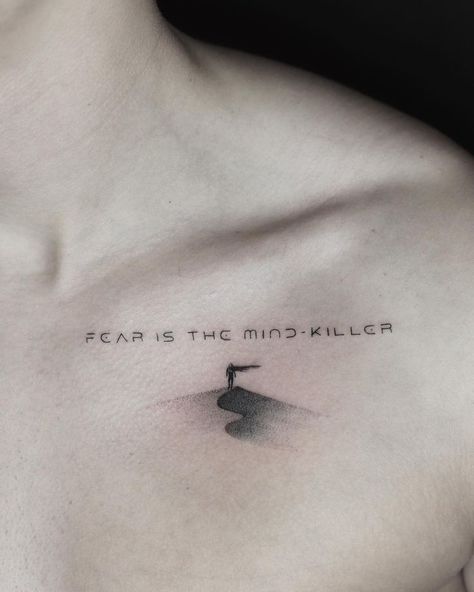 Dune Inspired Tattoos, Dystopian Tattoo Ideas, Fear Is The Mind Killer Tattoo, Chaos Theory Tattoo, Dune Tattoo Ideas, Quote Tattoos For Guys, Dune Tattoo, Museum Tattoo, Fear Is The Mind Killer