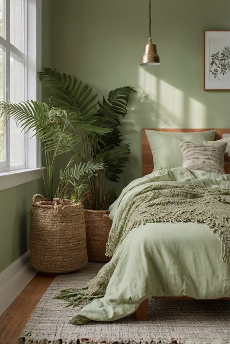 Want to infuse seasonal colors into your bedroom effortlessly? Discover budget-friendly tips for a stunning decor update without redecoration. #ad     #Colortrend #wallpaint2024  #color2024  #DIYpainting  ##DIYhomedecor  #Fixhome Benjamin Moore Soft Fern, Forest Bedroom, Japandi Bedroom, Boho Scandinavian, Zen Bedroom, Green Home, Bedroom Decoration, Accent Walls, Benjamin Moore