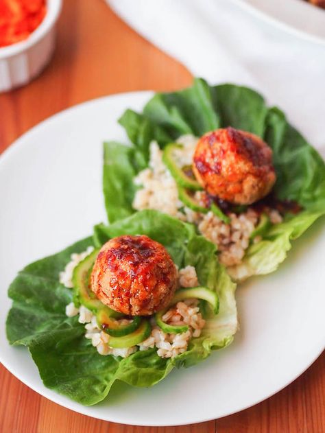 Meatball Lettuce Wraps, Tofu Meatballs, Vegetarian Recipes Potluck, Spicy Meatballs, Riced Veggies, Lettuce Wrap Recipes, Bulgogi Beef, Lettuce Cups, Fried Tofu