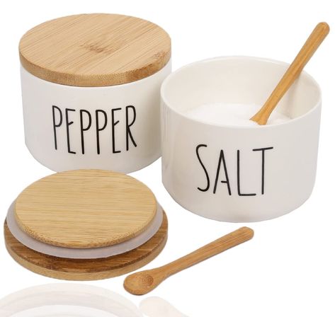 PRICES MAY VARY. Cute Farmhouse Salt And Pepper Bowls: Modern style and country look design, VICUKIE salt seller and pepper seller may add a vintage touch to your kitchen countertop, stovetop or table. It's not only practical but also cute farmhouse kitchen decor. Large Capacity: VICUKIE farmhouse salt and pepper containers can hold up to 10 oz, the normal is 9 oz. Which is bigger than most of market ones. You could use it frequently and less frequent refillings. Natural Bamboo Lids And spoons: Salt And Pepper Bowls, Diy Kitchen Hacks, Best Kitchen Countertops, Salt Container, Modern Farmhouse Kitchen Decor, Stacking Bowls, Kitchen Storage Hacks, Pinch Bowls, Island Countertops