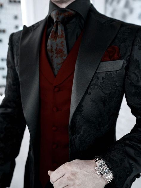 Gothic Suit, Outfits Quotes, Gothic Wedding Theme, Black And Red Suit, Fancy Suit, Dress Suits For Men, Prom Suits, Red Suit, Fashion Suits For Men