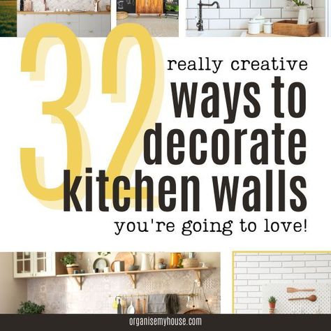 Decorating kitchen walls is really good fun but can also be a stress if you're unsure where to start. Use these ideas to decide what will work best for your kitchen however small or large. You can pick something and work it around your own home style, while making it personal to you and unique to your own home. Decor ideas include art, colour, murals, pegboards, cabinetry, shelving, plants, signs and more! Functional AND beautiful - for the heart of the home. Kitchen Wall Mural Ideas, How To Decorate Kitchen Shelves, Kitchen Wall Design, Decorate Kitchen, Kitchen Decals, Kitchen Wall Decals, Kitchen Plants, Kitchen Walls, Kitchen Wall Colors