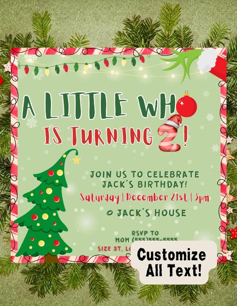 Celebrate your little one's special day with a touch of Whoville magic! This editable Canva template is perfect for creating a fun and festive birthday invitation that's sure to delight guests of all ages. Inspired by the whimsical world of Dr. Seuss, this holiday-themed invite features a playful design with a Christmas tree, festive lights, and a cute Grinch arm holding an ornament. 🌟 Product Details: Format: Editable Canva Template Size: 1080 x 1080 px (Square format, perfect for digital or print) File Type: Digital Download (No physical item will be shipped) Customization: Easily edit text, colors, and images to match your party theme Design Features: Whoville-inspired elements, Christmas colors, playful typography 🎄 Perfect For: Holiday-themed birthday parties Whoville or Dr. Seuss-i The Grinch Themed Birthday Party, Grinch Two Year Old Birthday Party, Grinch Second Birthday Party, Grinch Themed 1st Birthday Party, Whoville Birthday Party Ideas, Grinch 2nd Birthday Party, Grinch Birthday Party Invitations, Whoville Birthday Party, Grinch Birthday Invitations