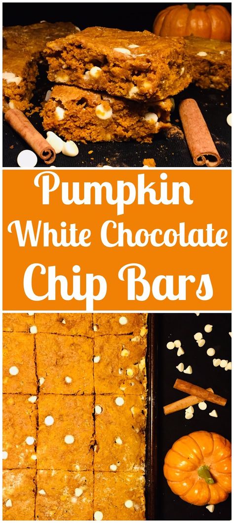 Pumpkin White Chocolate Chip Bars Pumpkin White Chocolate Chip Bars, Pumpkin Bread With White Chocolate Chips, White Chocolate Chip Bars, Pumpkin White Chocolate, Healthy Recipes Crockpot, Recipes Potato, Pumpkin Diy, Chocolate Chip Bars, Pumpkin Spice Cookies