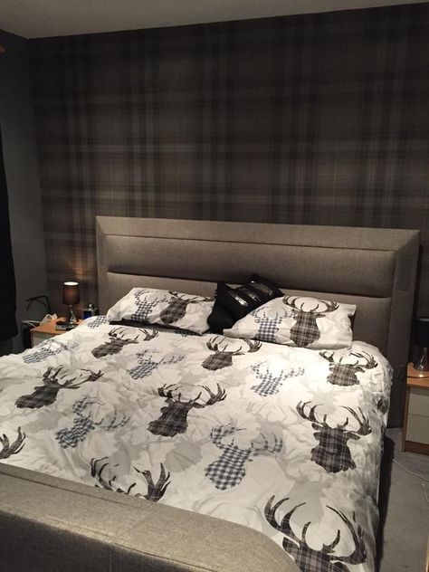 Stag Bedroom Ideas, Tartan Bedroom, Scottish Interior, Wallpaper Accent Wall Bedroom, Stag Wallpaper, Wallpaper Woodland, Buck Moon, Scottish Decor, Pine Bedroom