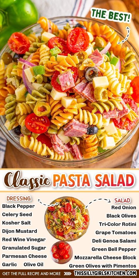 classic pasta salad with cheese, meat, tomatoes, olives, onions, and pasta Homemade Pasta Salad, Classic Pasta Salad, Italian Pasta Salad, Cold Pasta Salad Recipes, Pasta Salad Dressing, Best Pasta Salad, Baked Asparagus, Cold Pasta Salad, Tomato Mozzarella